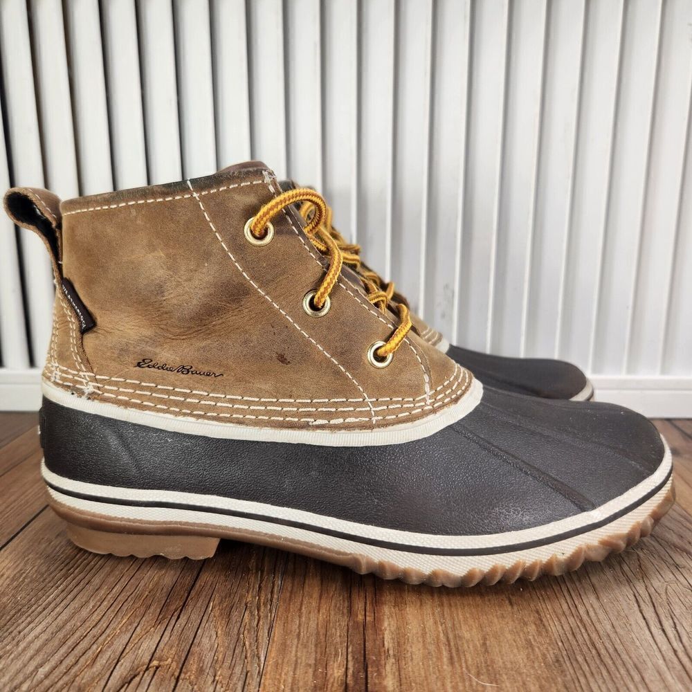 Eddie Bauer Hunt Pac Duck Boots Womens 7.5 Brown Leather Waterproof Rubber Ankle
